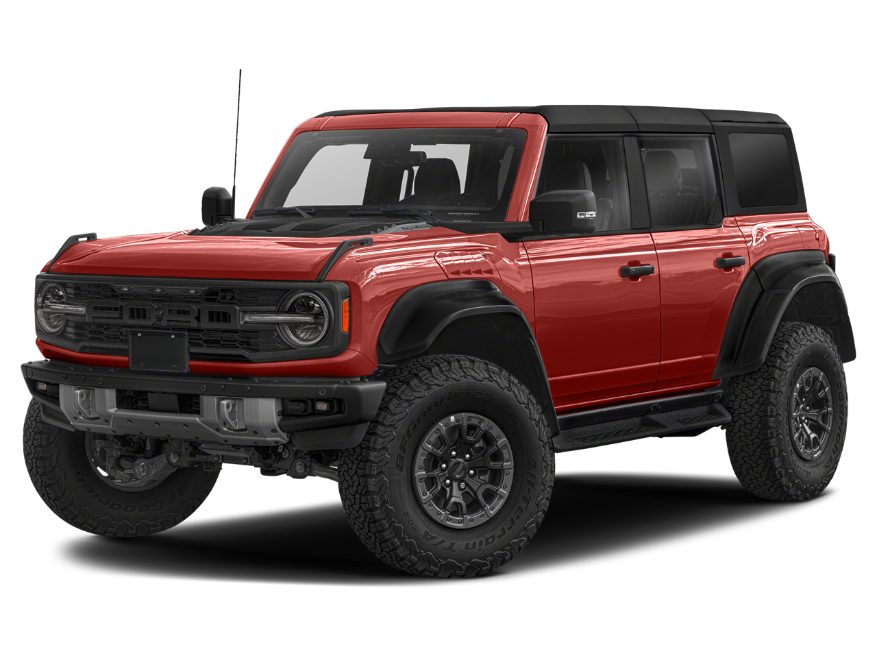 2023 Ford Bronco Raptor in Hot Pepper Red Metallic Tinted Clearcoat — front three-quarter view